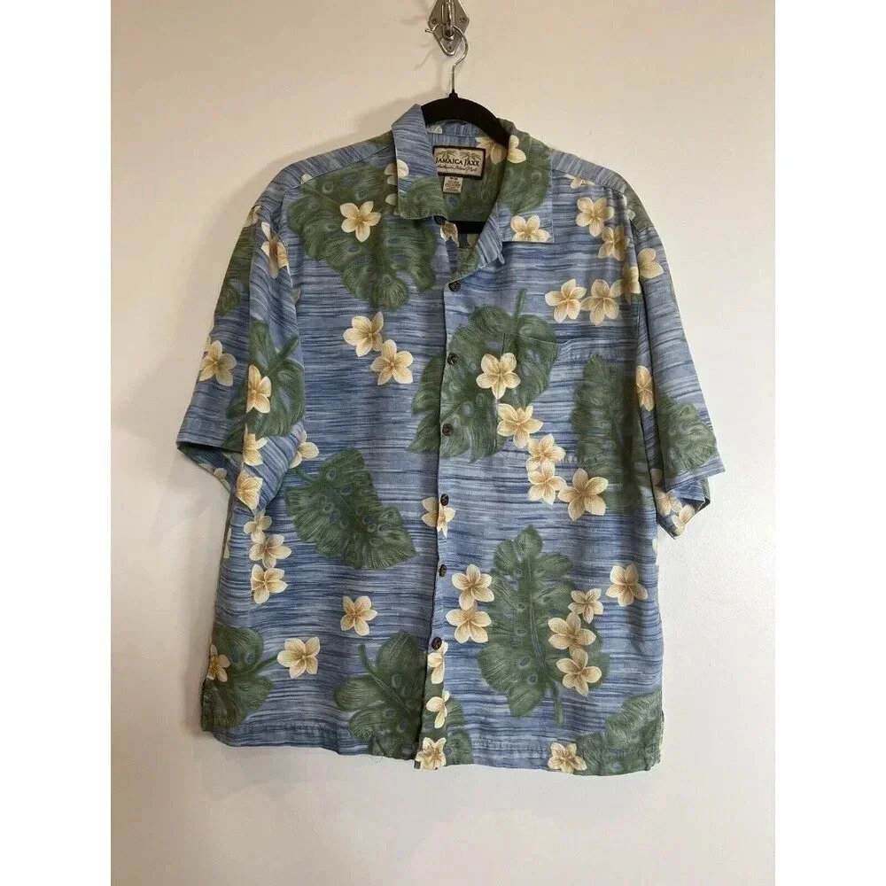 Jamaica Jaxx Tropical Hawaiian Button Up Down Shirt Blue Medium M 100% silk